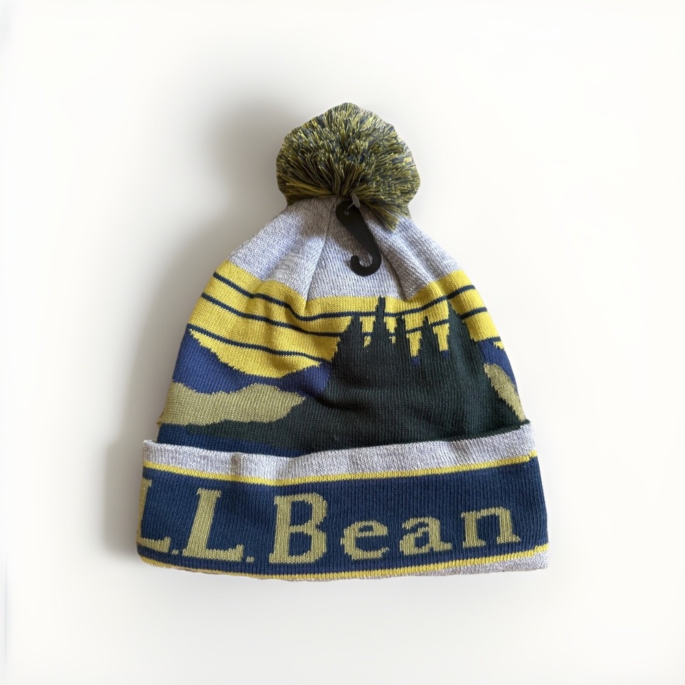 NWT L.L. Bean KATAHDIN Pom Graphic Hat Beanie Gray Blue Green Mts &‎ Trees - Picture 5 of 13